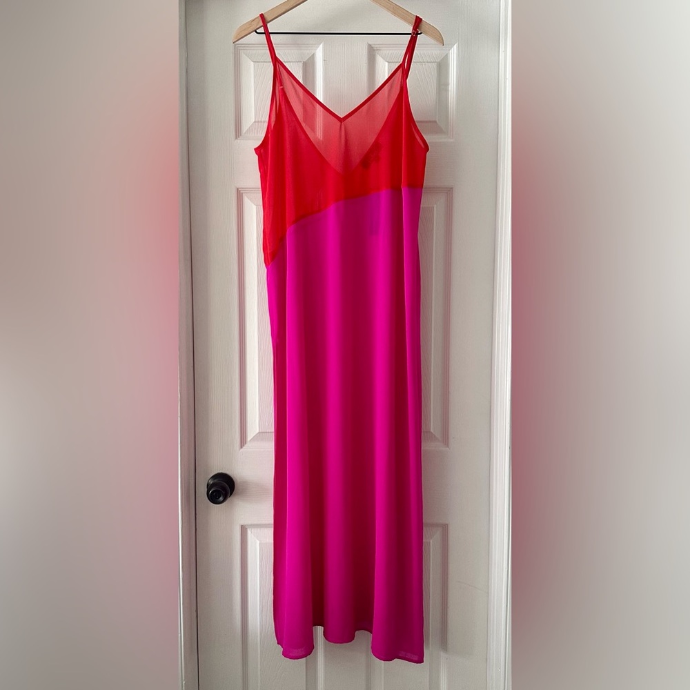 NWT Lulus Resortwear Bright Magenta Sheer Maxi Slip Dress Cover-Up Size Medium - Picture 2 of 15